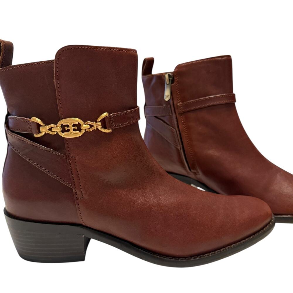 Sam Edelman Brawley Brown Leather Ankle Boots with Gold Chain Detail